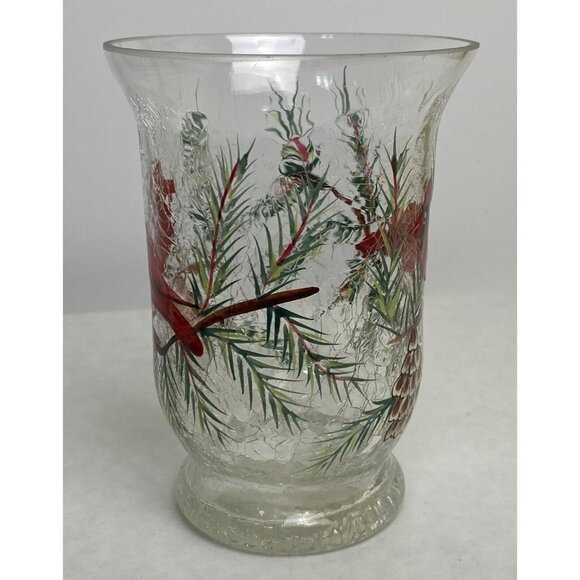 Celebrations Hand-Painted Crackle Glass Vase Red Cardinal Candle Holder 6 Inches - Picture 4 of 9